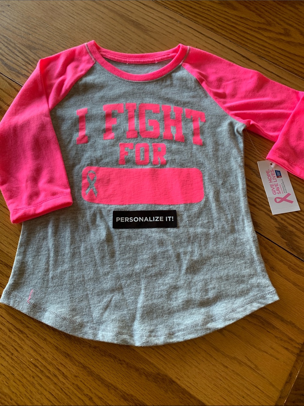 Xersion Gray and Bright Pink Raglan 'I Fight For' Kids Long Sleeve Tee